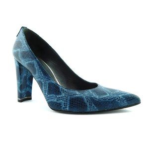STUART WEITZMAN Blue Snake Textured Leather SW Logo Block Heels Pumps 7